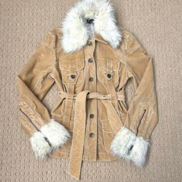 Tan corduroy y2k faux fur belted jacket - Picture 2 of 5